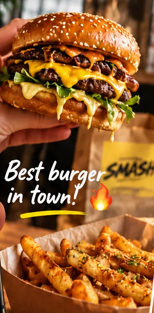 Customer holding a Smash Burger and sharing a Story saying Best burger in town