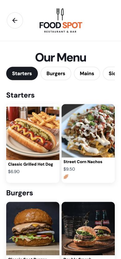 Actual MenuTap mobile restaurant menu, captured from its live demo